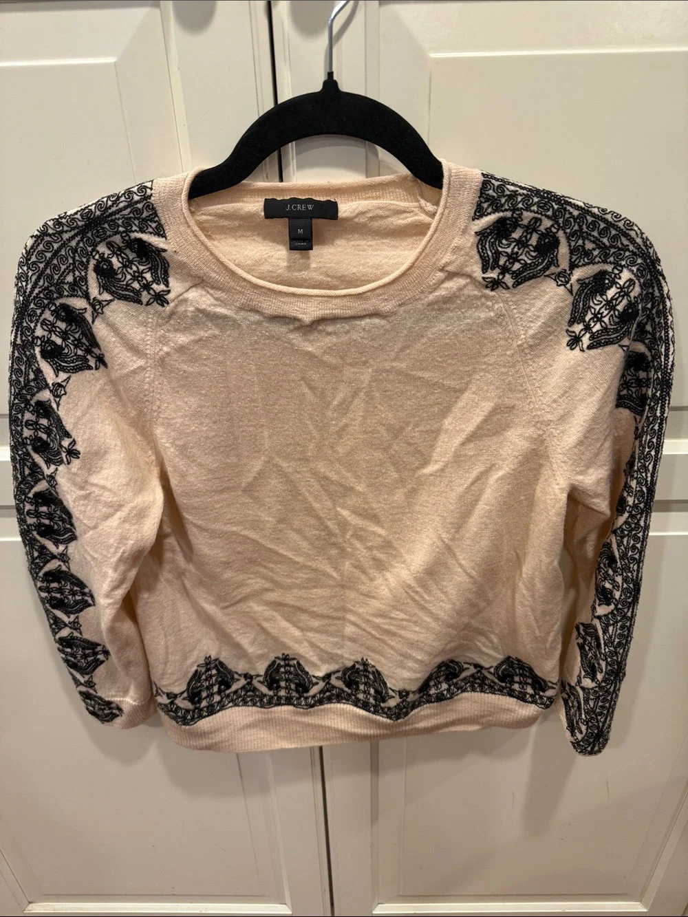 J. Crew Apricot Sweater with Black Floral Embroidered Trim